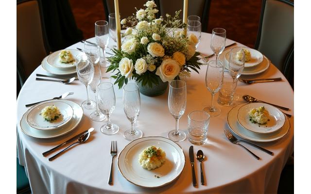 Exquisit gedeckter Tisch für ein Gala-Dinner in einem eleganten Veranstaltungssaal.
