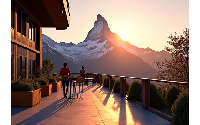 Panoramaterrasse bei Sonnenuntergang, für Empfänge oder Outdoor-Veranstaltungen mit Matterhorn-Blick.