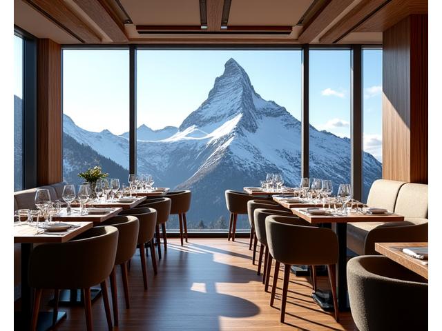 Elegantes Restaurant-Interieur mit Blick auf das Matterhorn durch Panoramafenster