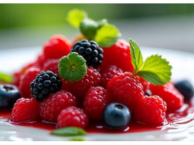 Sommerliches Gericht mit alpinen Beeren und frischen Berggemüse