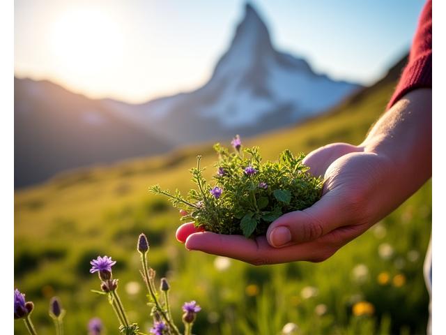 Eine Hand sammelt frische Wildkräuter und essbare Blüten in einer alpinen Wiese mit dem Matterhorn im Hintergrund bei strahlendem Sonnenschein.