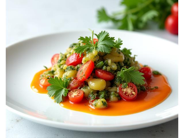 Ein glutenfreier, veganer Teller mit farbenfrohen Gemüsen und einem kreativen, pflanzlichen Dressing, schön angerichtet.