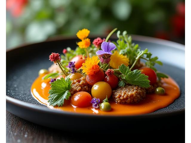 Ein kunstvoll angerichtetes, veganes Gourmetgericht auf einem dunklen Teller, präsentiert in einem eleganten Restaurantambiente mit sanfter Beleuchtung.