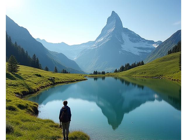 Wanderer am Riffelsee mit Matterhorn-Spiegelung