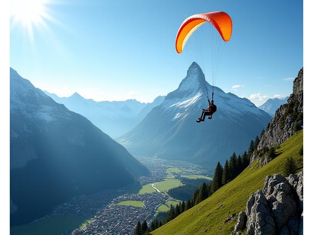 Paraglider schwebt über Zermatt mit Blick auf das Matterhorn