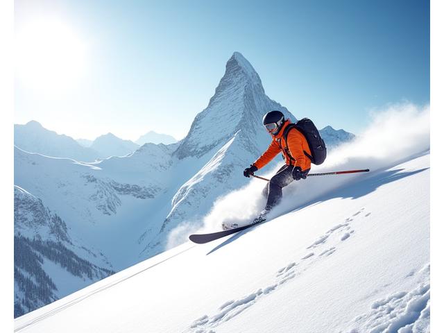 Skifahrer mit Blick auf das Matterhorn in Zermatt