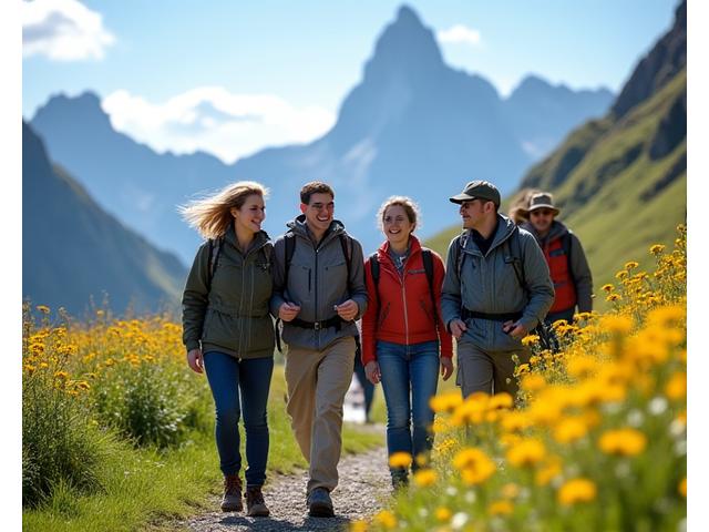 Lachende Gruppe von Alleinreisenden auf einer geführten Wanderung mit Bergpanorama