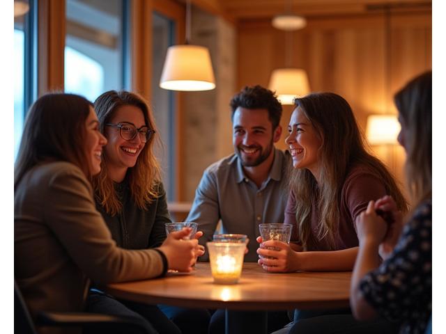 Gruppe von Alleinreisenden unterhält sich angeregt in einer gemütlichen Hotellounge