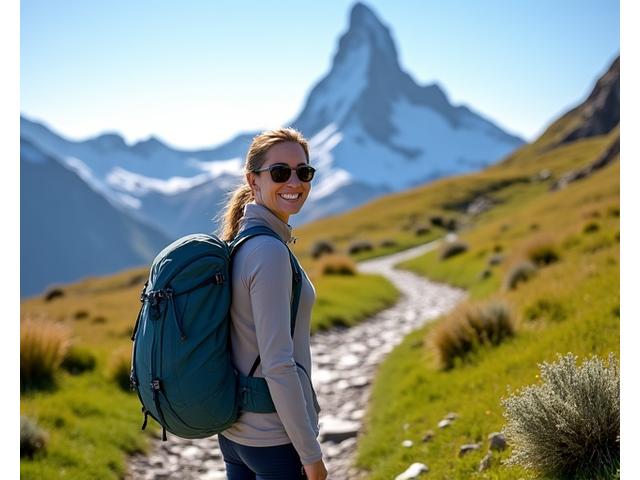 Lachende Frau, die alleine auf einem Bergpfad wandert und die Matterhorn-Aussicht genießt