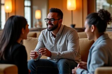 Gruppe von digitalen Nomaden, die in einer gemütlichen Hotel-Lounge networken.