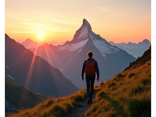 Person wandert bei Sonnenuntergang durch die Zermatter Alpen mit Blick auf das Matterhorn.