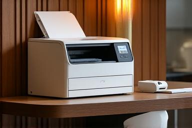 Modernes Business-Center mit Drucker, Scanner und Büromaterialien.