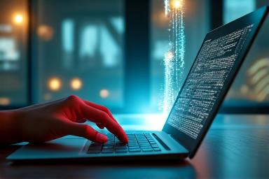 Person, die auf einem Laptop arbeitet, mit Icons für schnelles WLAN und Cloud Computing.