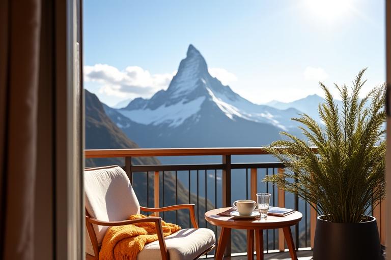 Privater Balkon eines Zimmers im Alpenblick Hotel mit direktem Blick auf das Matterhorn